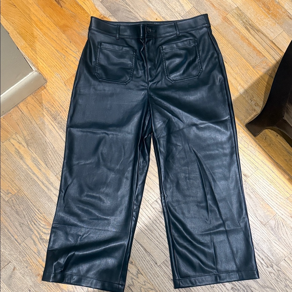 Loft 12 Petite Curvy Wide Leg Black Faux Leather Pants